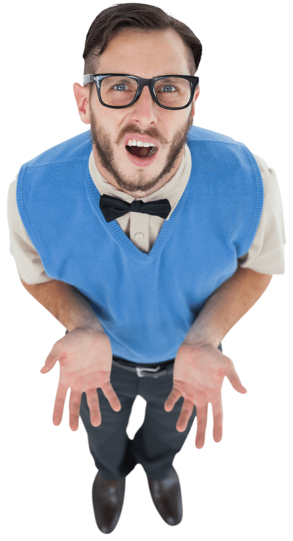 Confused Hipster Nerd Looking Upward Isolated on Transparent Background