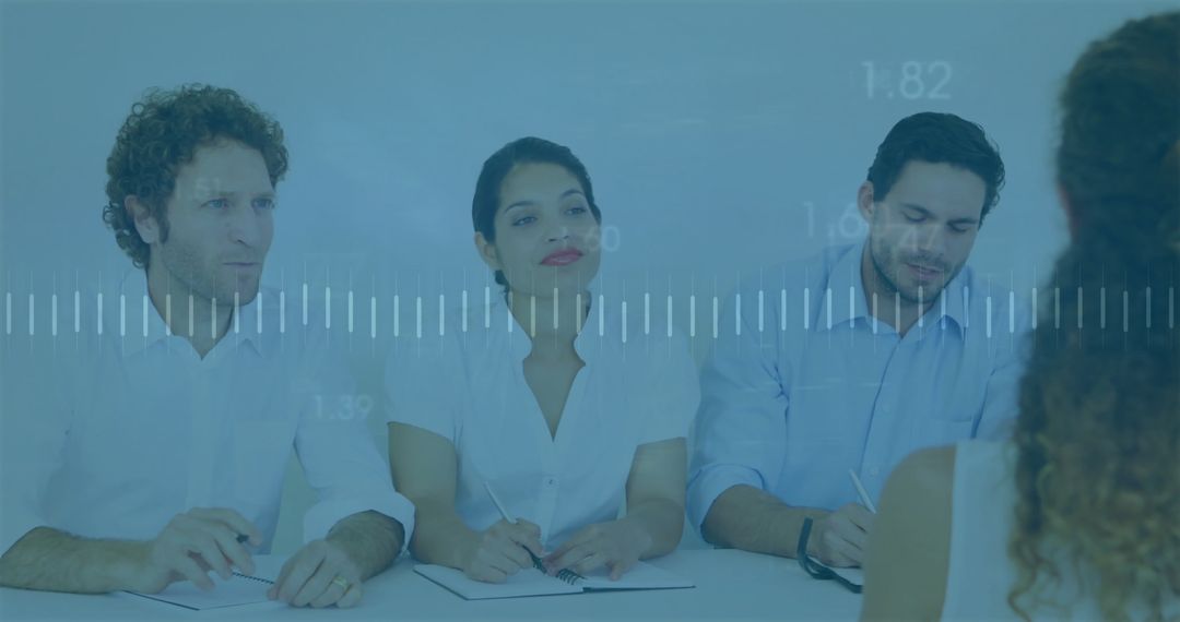 Interview Panel Discussing Candidate Performance with Data Overlay