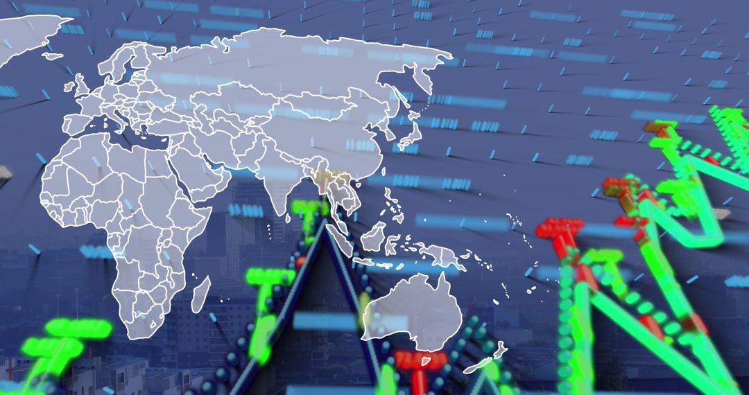 Futuristic Financial Data Overlay on Global Map and Cityscape