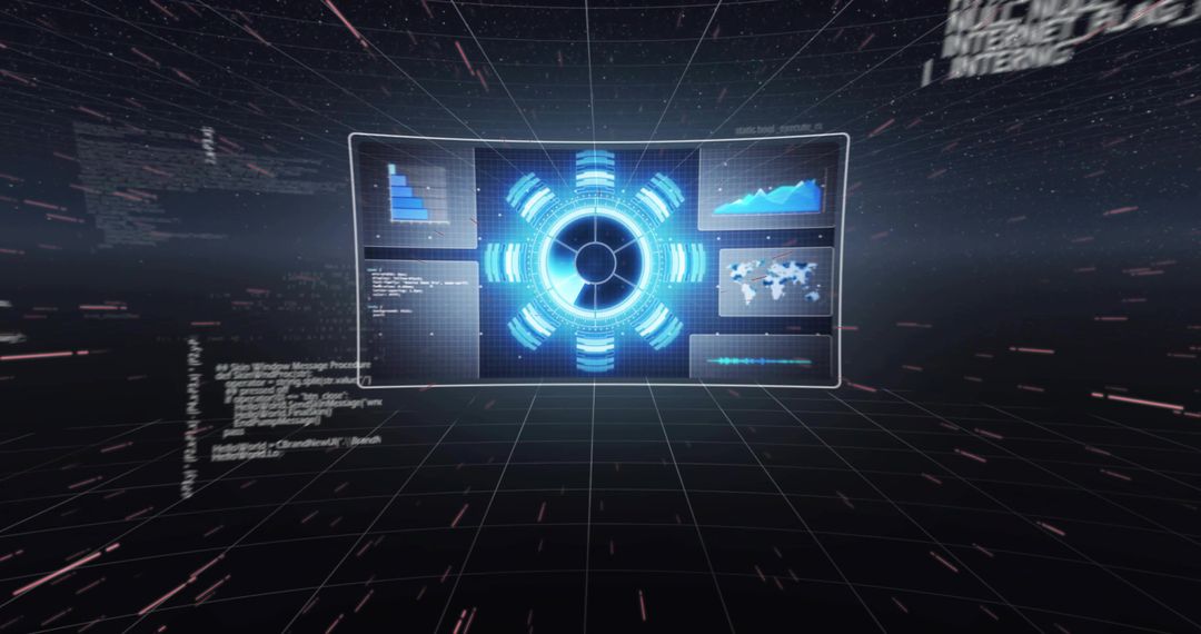 Floating Holographic Control Panel Rotating Over Dark 3D Grid with Neon Blue Analytics Hub