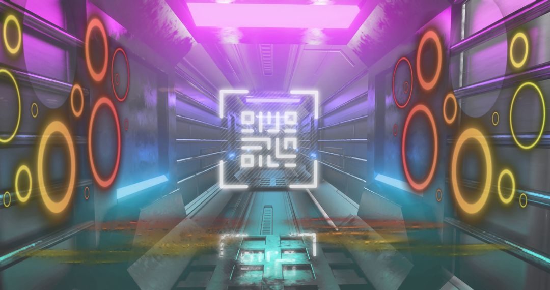 Futuristic Tunnel with Neon Lights and Glowing QR Code