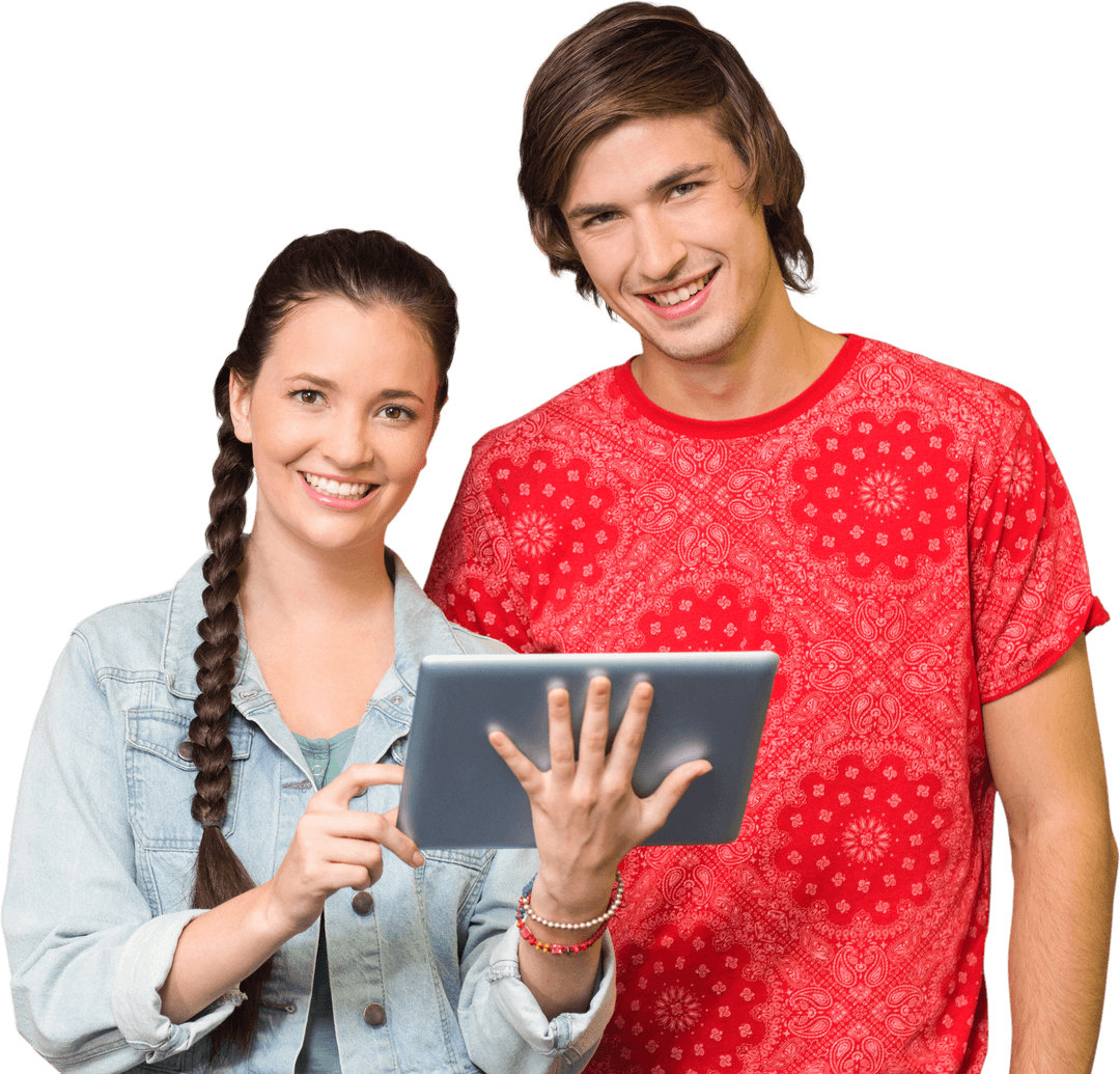 Happy Young Couple Enjoying Digital Content on Tablet Transparent Background