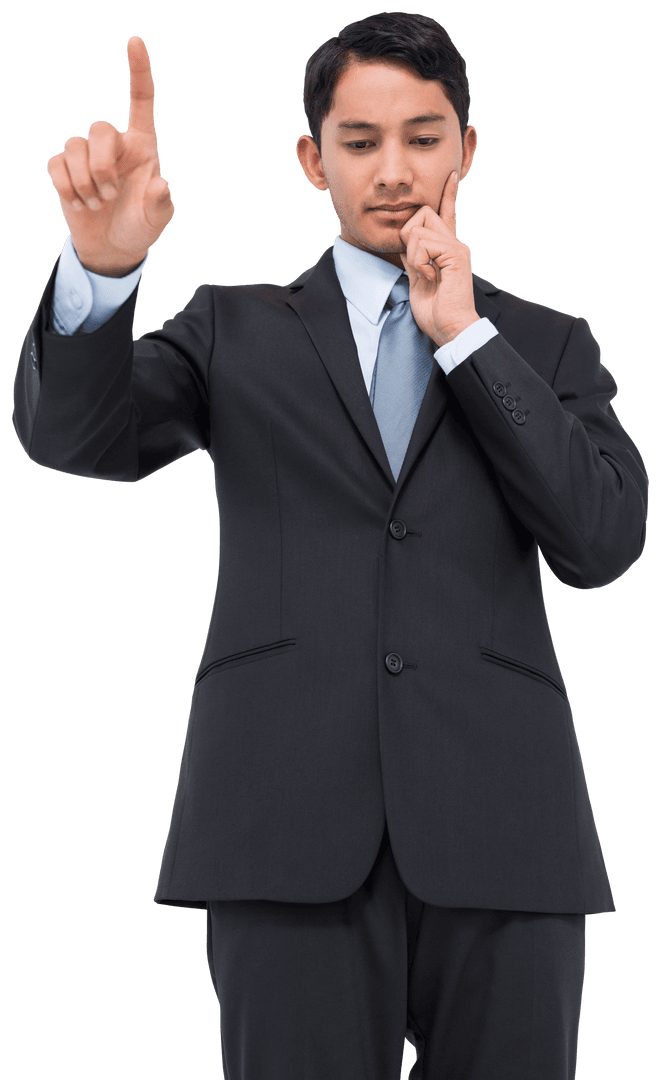 Asian Businessman Pointing Forward on Transparent Background