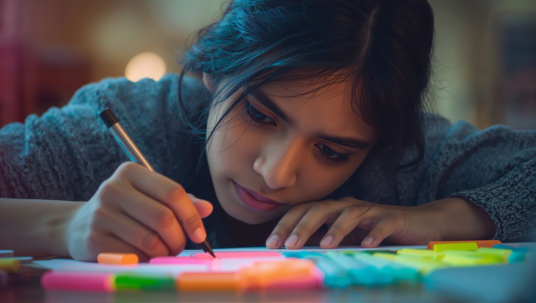 Focused Woman Writing on Vibrant Sticky Notes