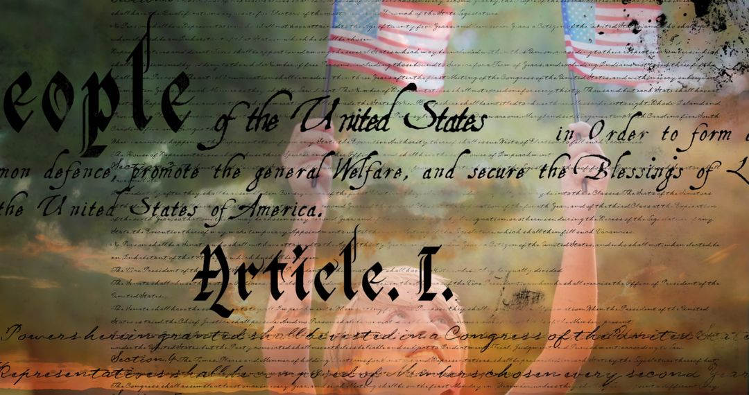 Patriotic Composition with US Flags and Constitution Text