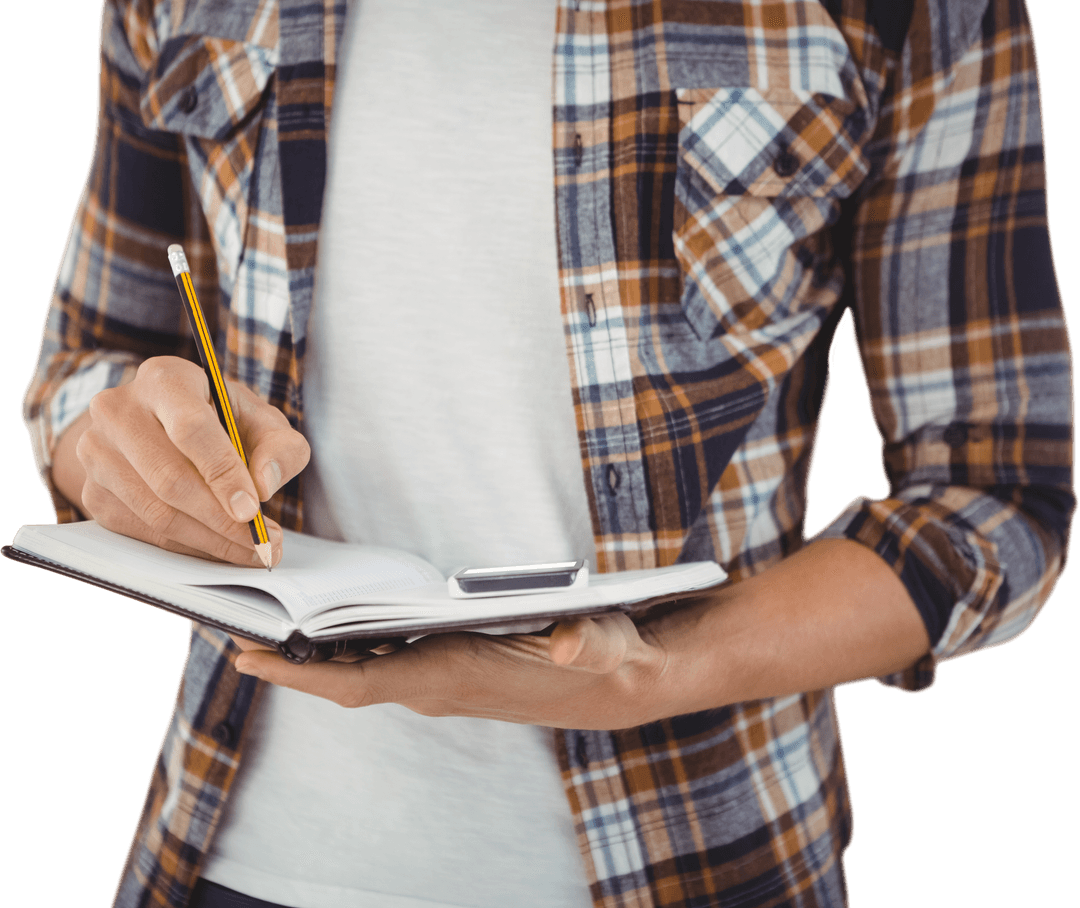 Midsection of Person Writing in Journal with Pencil against Transparent Background
