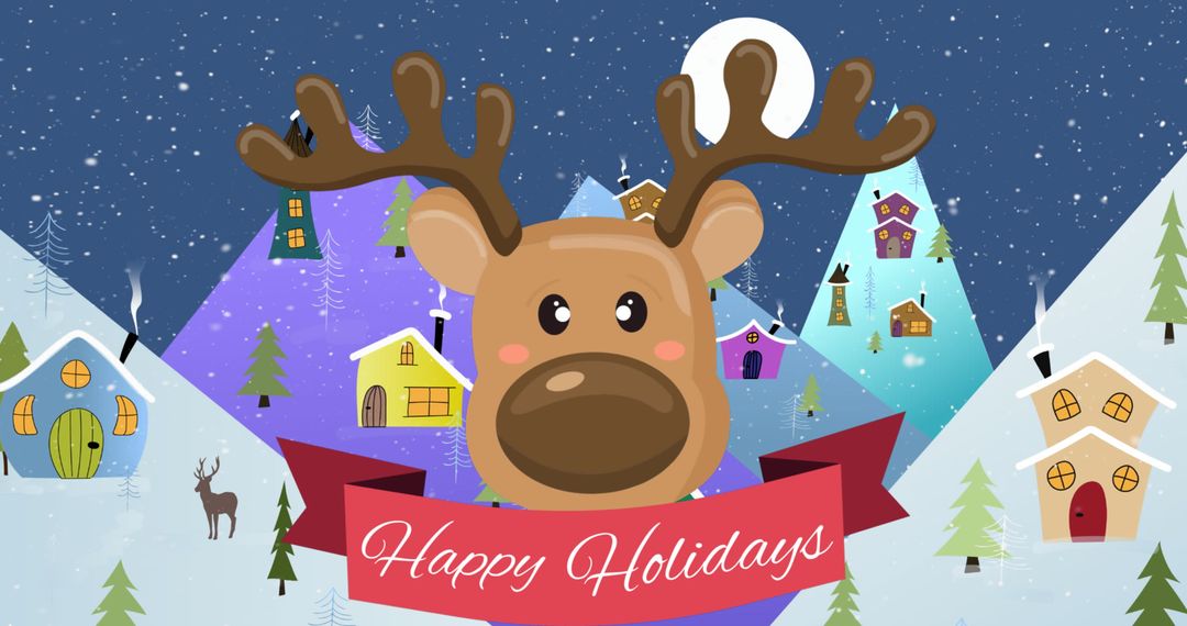 Festive Reindeer with Happy Holidays Banner in Winter Wonderland