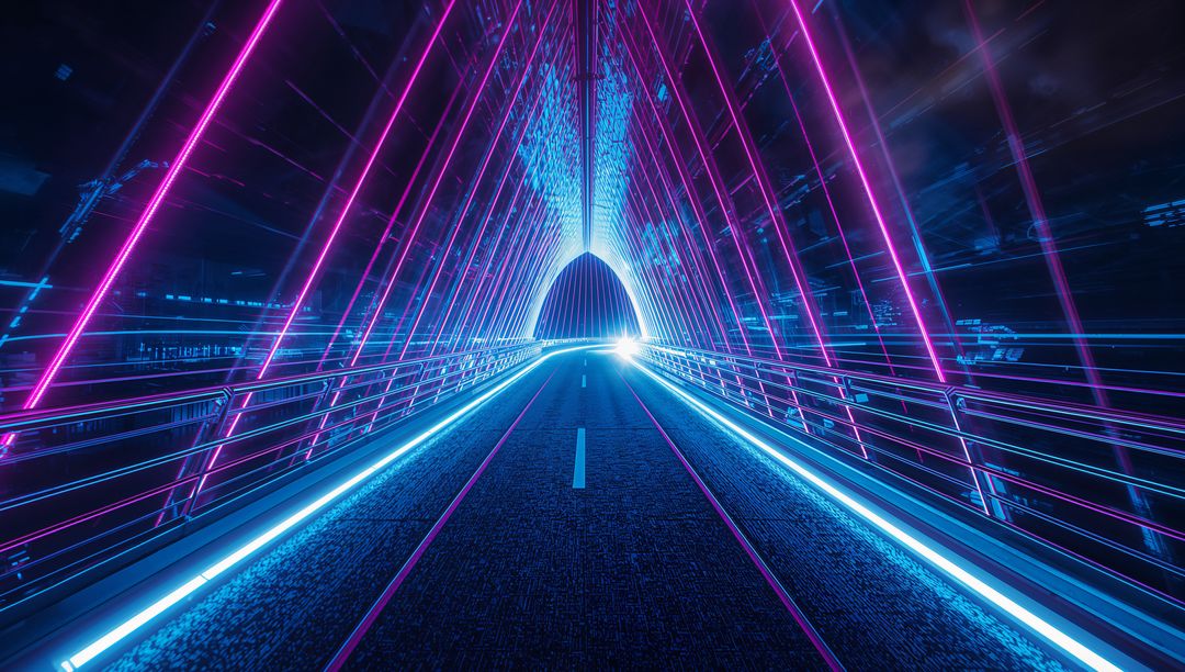 Futuristic Neon Tunnel with Triangular Frames on Asphalt Road