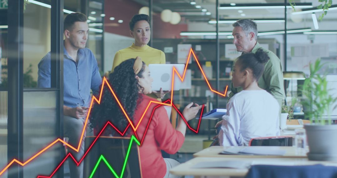 Diverse Team Meeting with Business Growth Graph Overlay