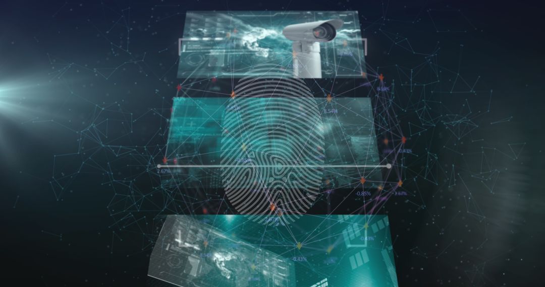 Futuristic Digital Security Interface with Fingerprint and Surveillance
