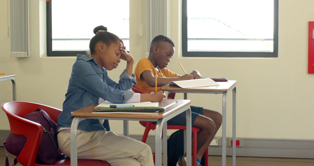 Focused Classmates Studying in Modern School Classroom Writing