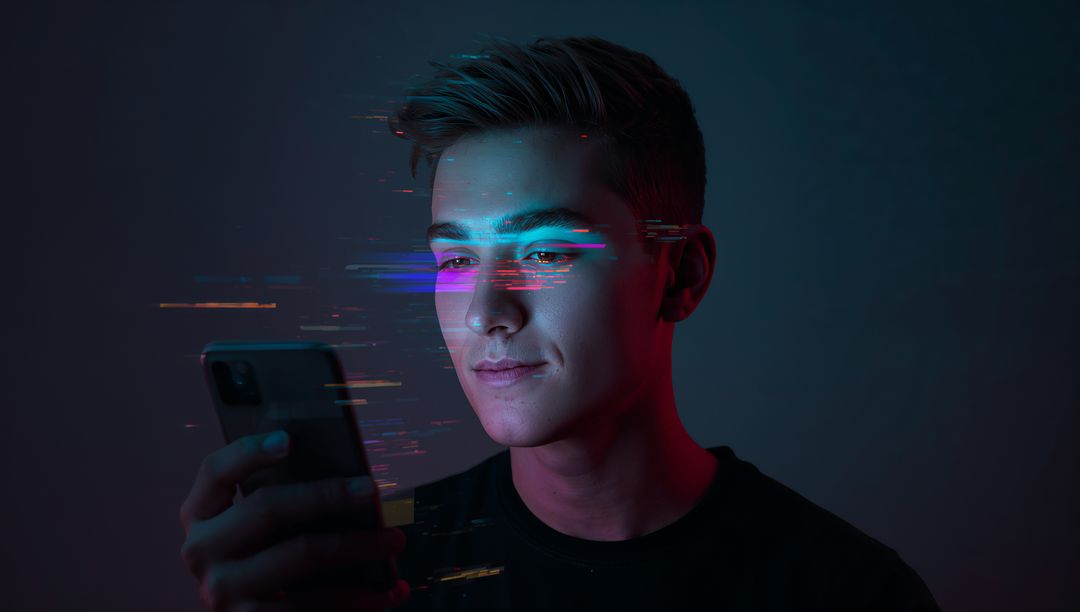 Young Man Immersed in Neon Glitch Technology Theme