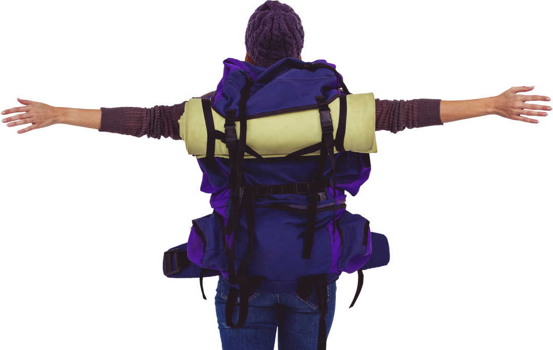 Transparent image of woman backpacker with arms wide open celebrating freedom outdoors - Download Free Stock Images Pikwizard.com