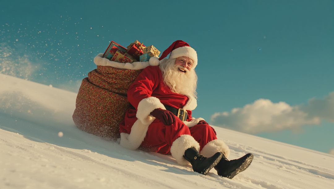 Santa Claus Enjoying Winter Snow with Heavily Packed Gift Sack