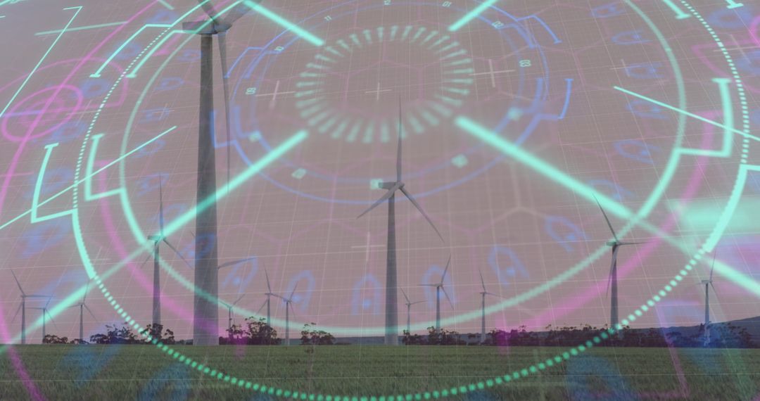 Wind Turbines Overlaid with Futuristic Digital Graphic Elements