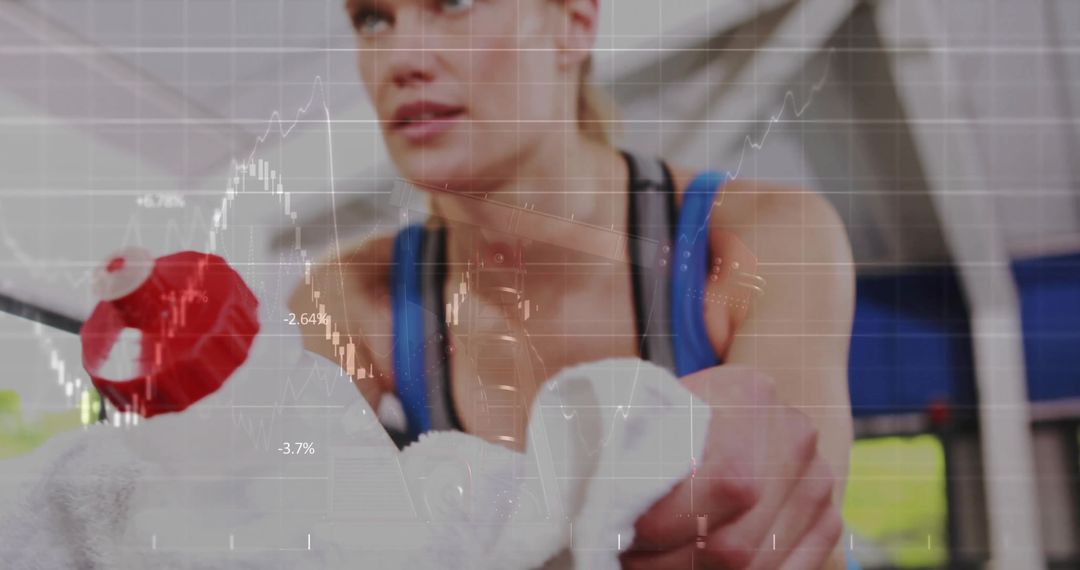 Woman Exercising on Rowing Machine with Stock Market Overlay