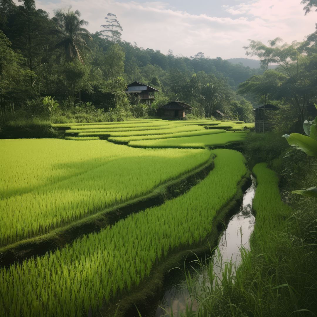 Lush Green Terraced Rice Fields with Traditional Huts - Free Images, Stock Photos and Pictures on Pikwizard.com