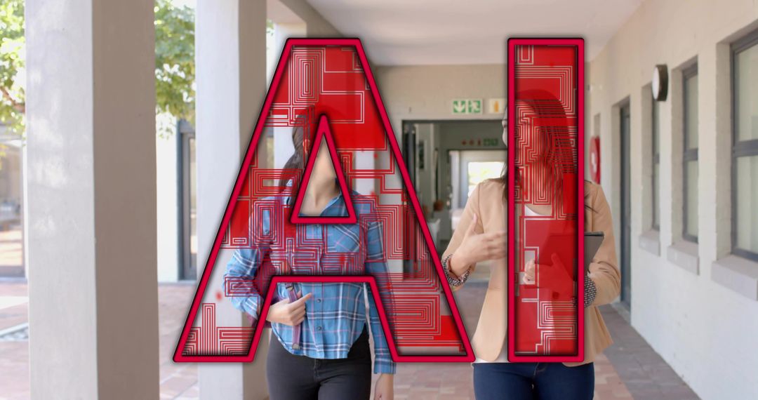 Campus mentor and student walking and conversing with bold red AI overlay