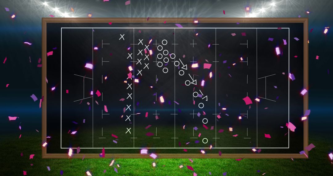 Confetti Falling Over Soccer Field Strategy Chalkboard in Stadium