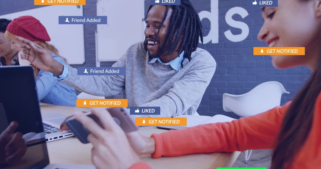 Diverse Friends Engaging with Social Media Icons and Technology