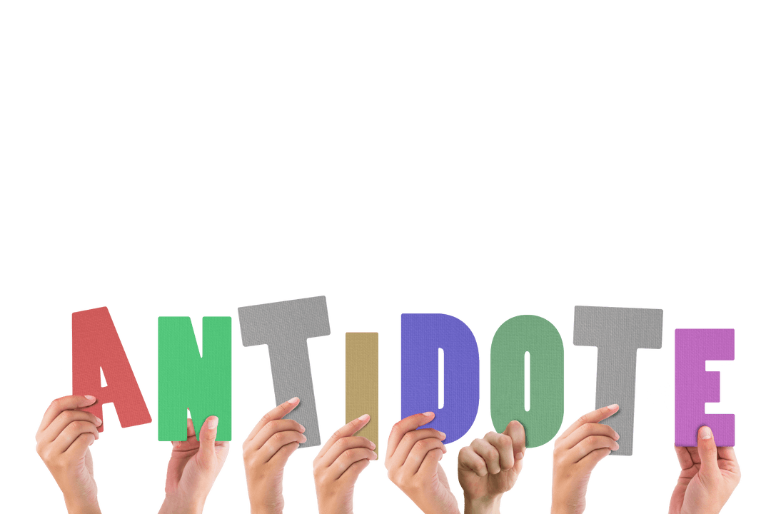 Hands Holding Antidote Text on Transparent Background for Medical Concept