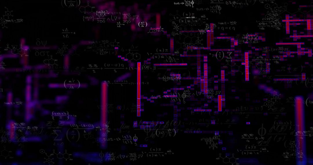 Centered Holographic Data Panel with Neon Glitch Bars and Math Equations in Dark Field