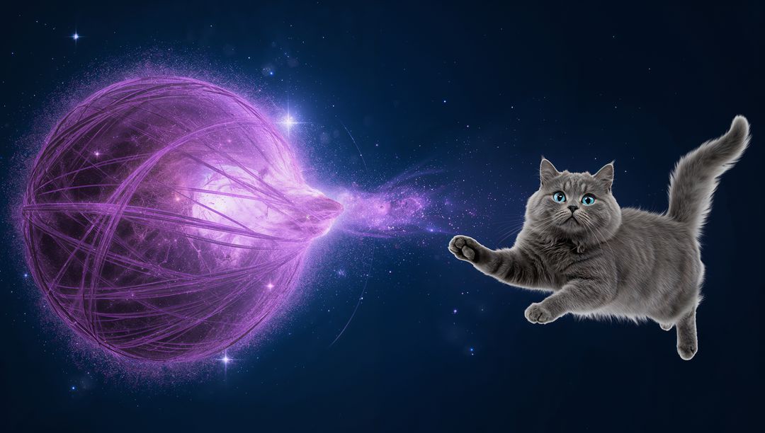 Pouncing gray cat reaching for glowing purple energy orb in starfield with trailing nebula