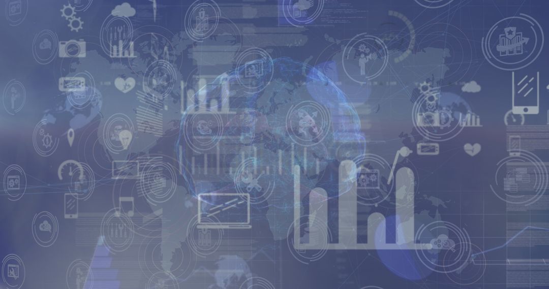 Global Digital Network with Interconnected Icons Overlay