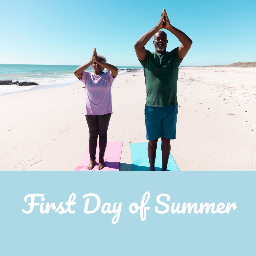 Couple Practicing Yoga on Pristine Beach First Day of Summer
