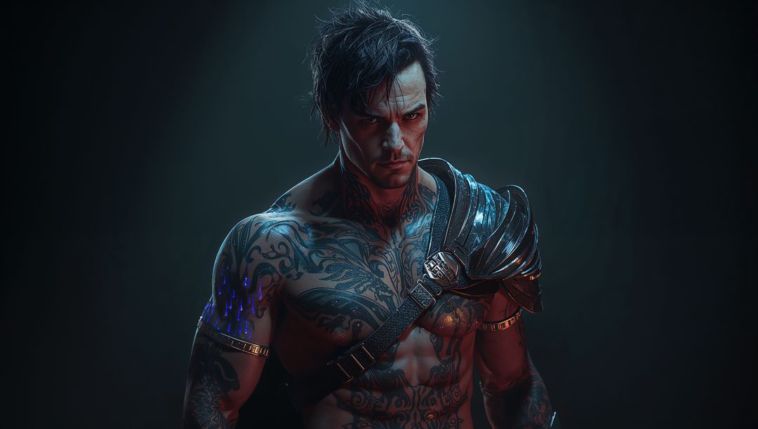 AI-Generated Warrior with Complex Tattoos and Battle-Ready Armor