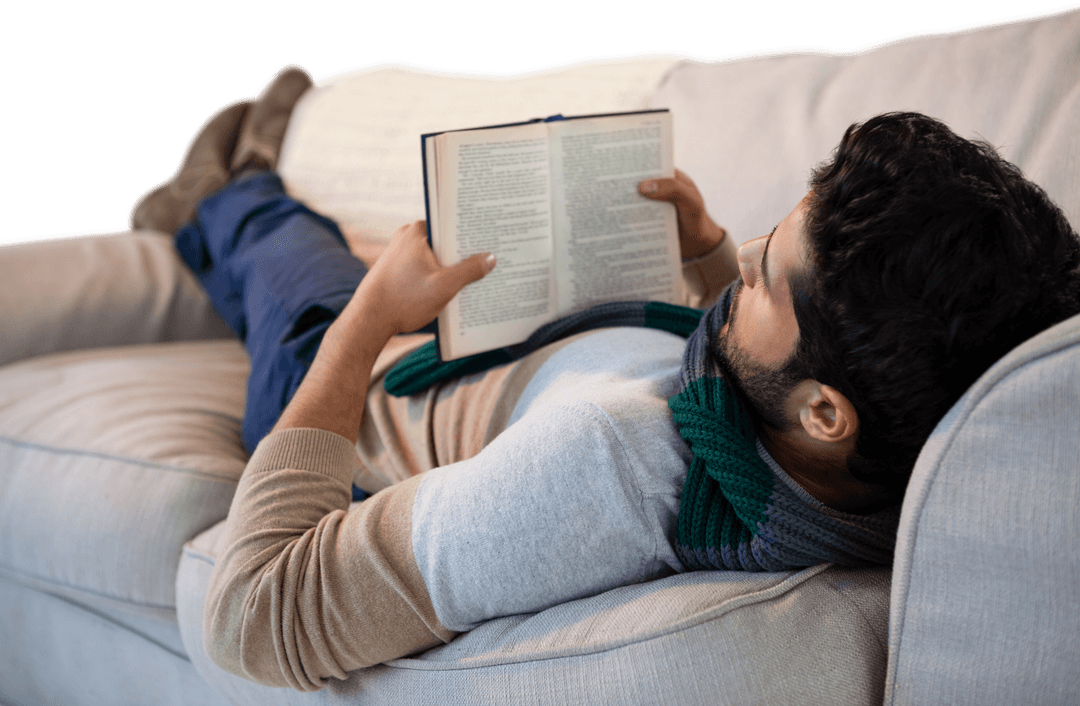 Transparent Relaxed Man Reading Book on Comfortable Sofa