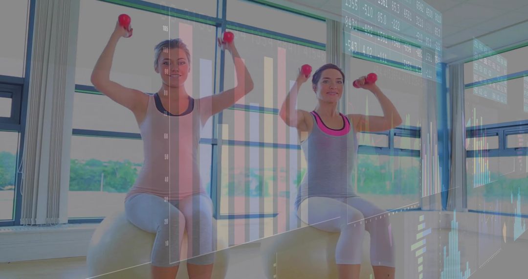Women Exercising on Stability Balls with Dumbbells and Digital Fitness Data Overlays