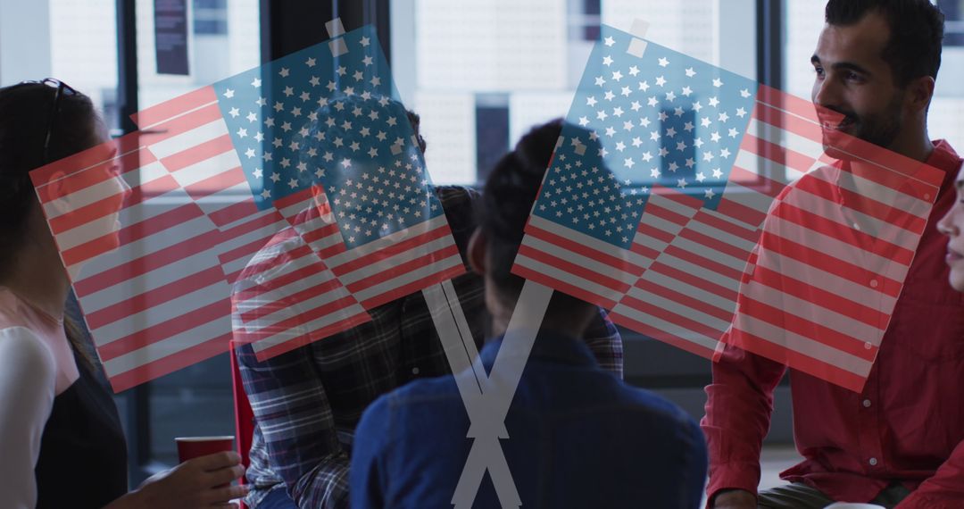 American Flags and Multicultural Business Discussion Theme