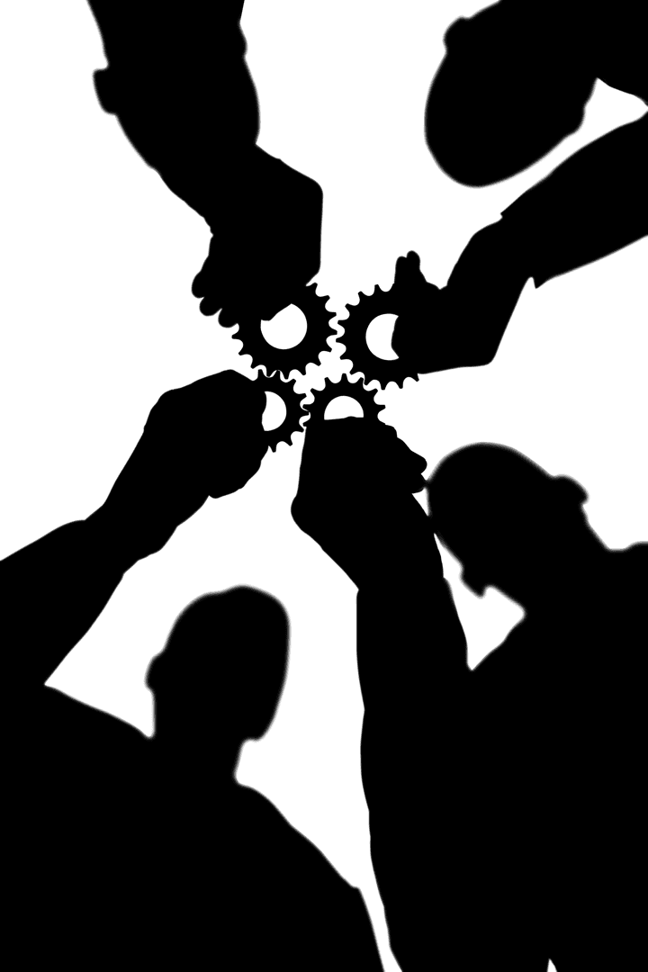 Silhouette Teamwork with Cogs on Transparent Background