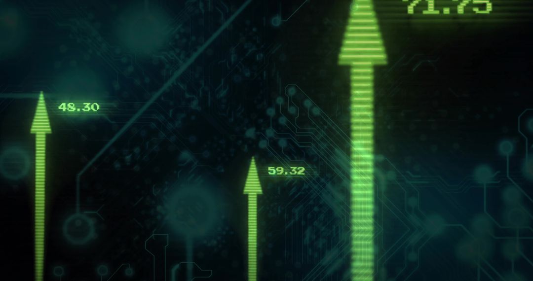 Glowing Green Arrows with Data on Futuristic Digital Interface