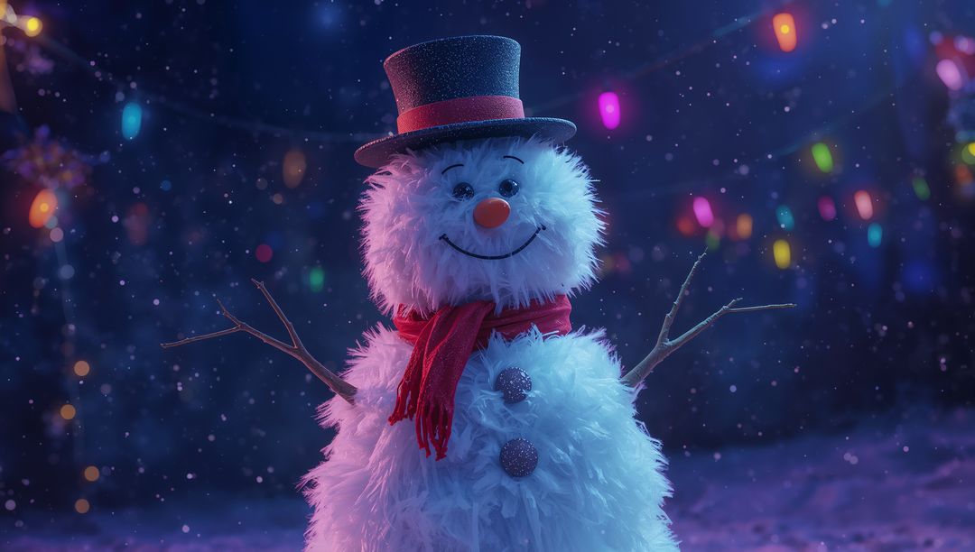 Festive Snowman in Backyard with Twinkling Multicolored Lights