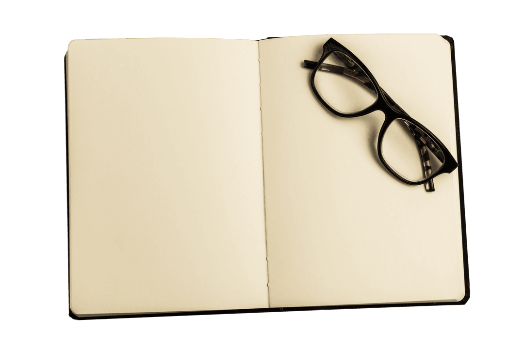 Transparent Open Book with Reading Glasses on Blank Pages