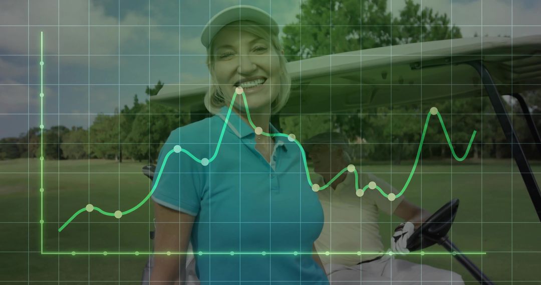 Smiling Golfer Relaxing on Fairway with Chart Overlay, Optimism in Sport