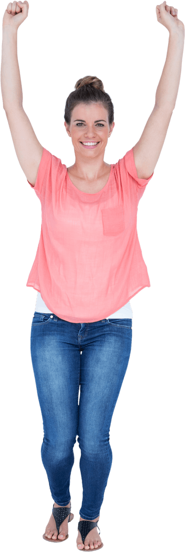 Joyful Woman Celebrating With Raised Arms on Transparent Background