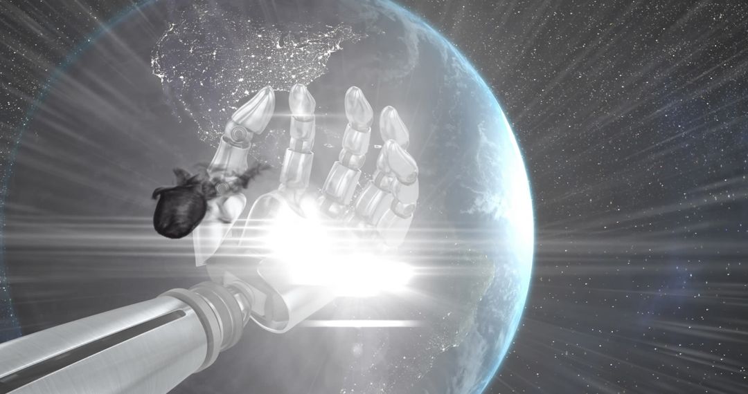 Conceptual Futuristic Robot Hand Holding Earth with Light Trails