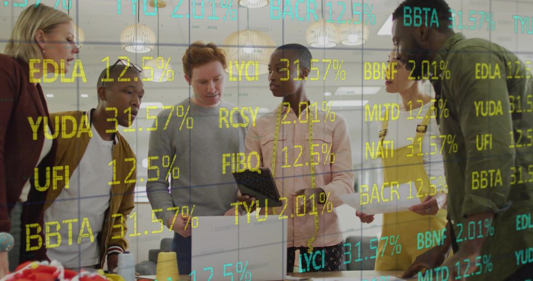 Diverse Team Brainstorming Ideas with Digital Data on Glass Panel