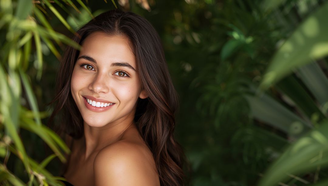 Smiling Woman in Lush Greenery Showing Serenity and Natural Beauty