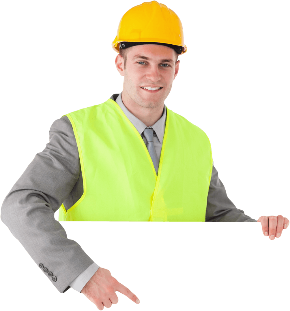 Architect in Safety Gear Holding Blank Transparent Card