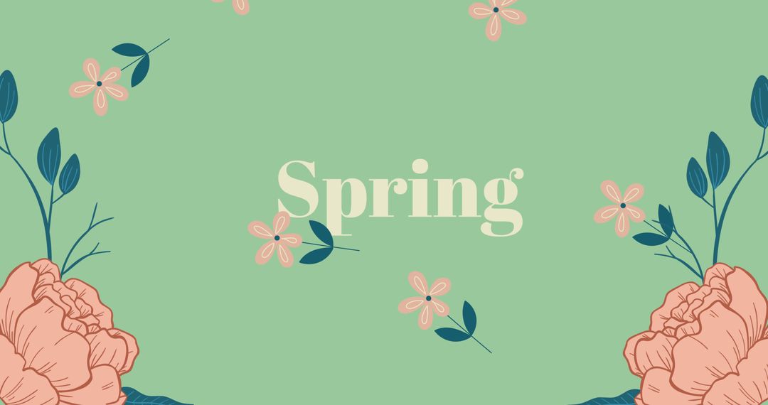 Spring Text with Falling Flowers and Floral Decorations on Green Background