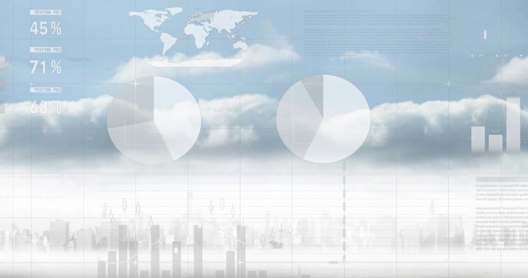 Digital Charts and Data Overlaid on Cloudy Cityscape