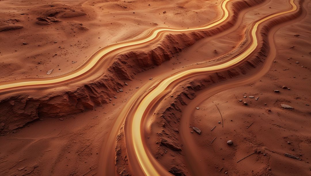 Glowing Light Trails in a Sandy Desert Terrain with Curves
