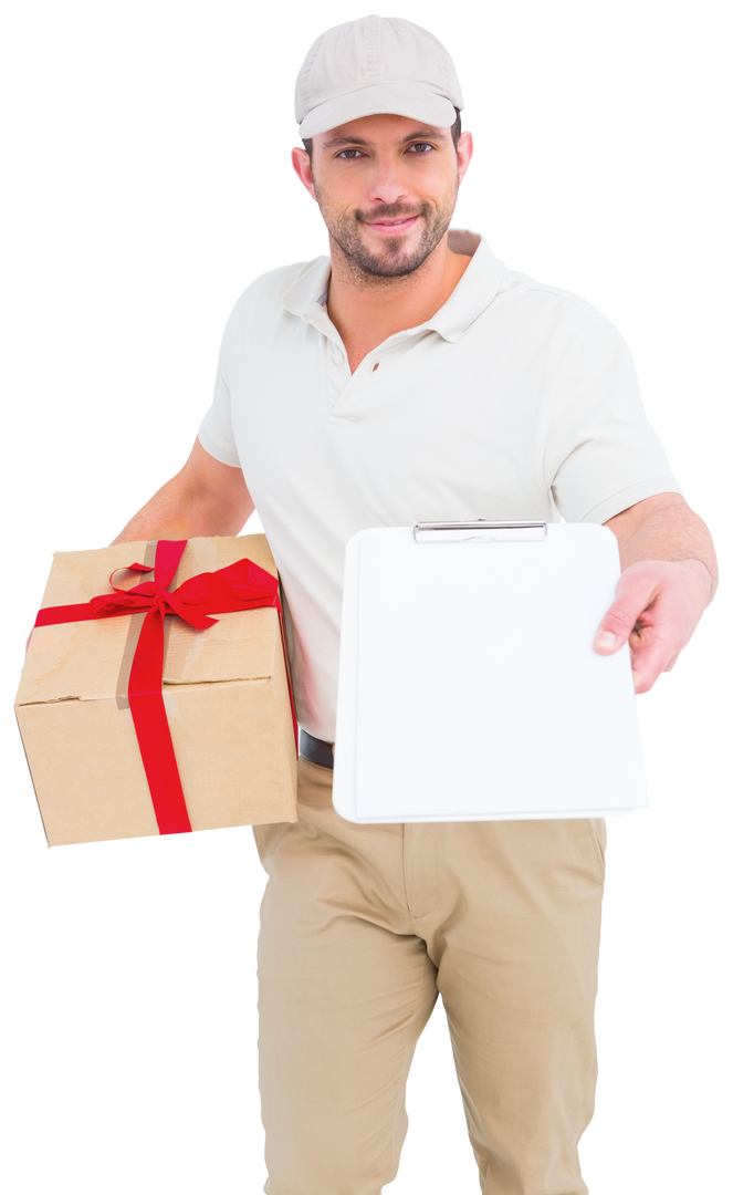 Transparent Delivery Worker with Gift Package Offering Clipboard - Download Free Stock Images Pikwizard.com