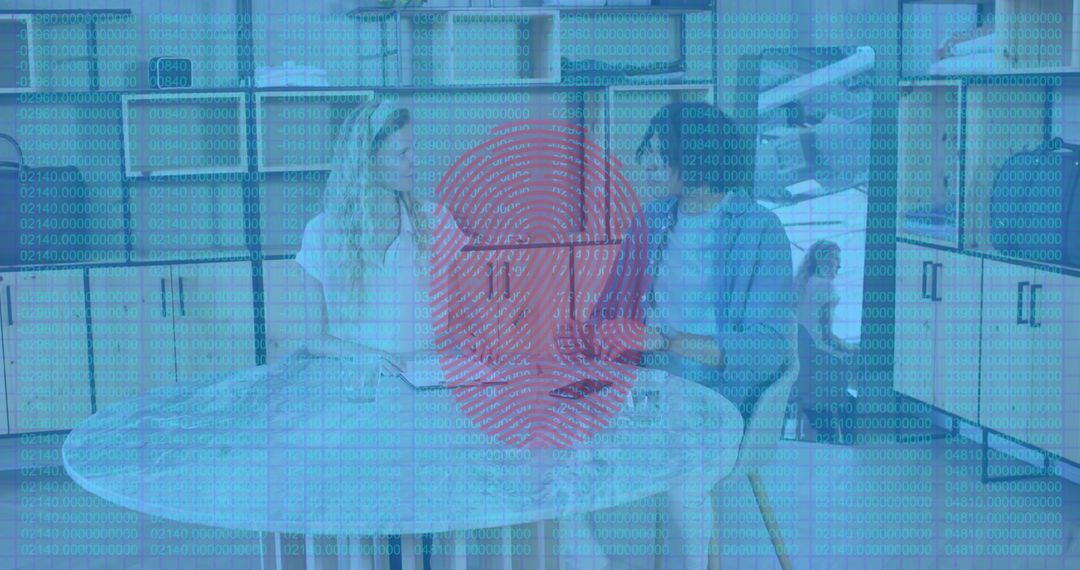 Couple Discussing Data Privacy at Home with Red Fingerprint Overlay and Digital Code