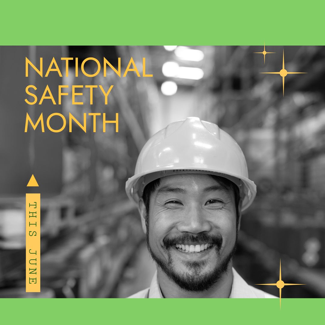 National Safety Month Asian Industrial Worker Smiling in Warehouse - Download Free Stock Templates Pikwizard.com