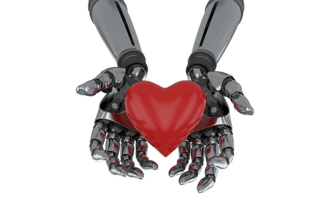 Robot Hands Holding Red Heart Decoration Isolated on Transparent Background